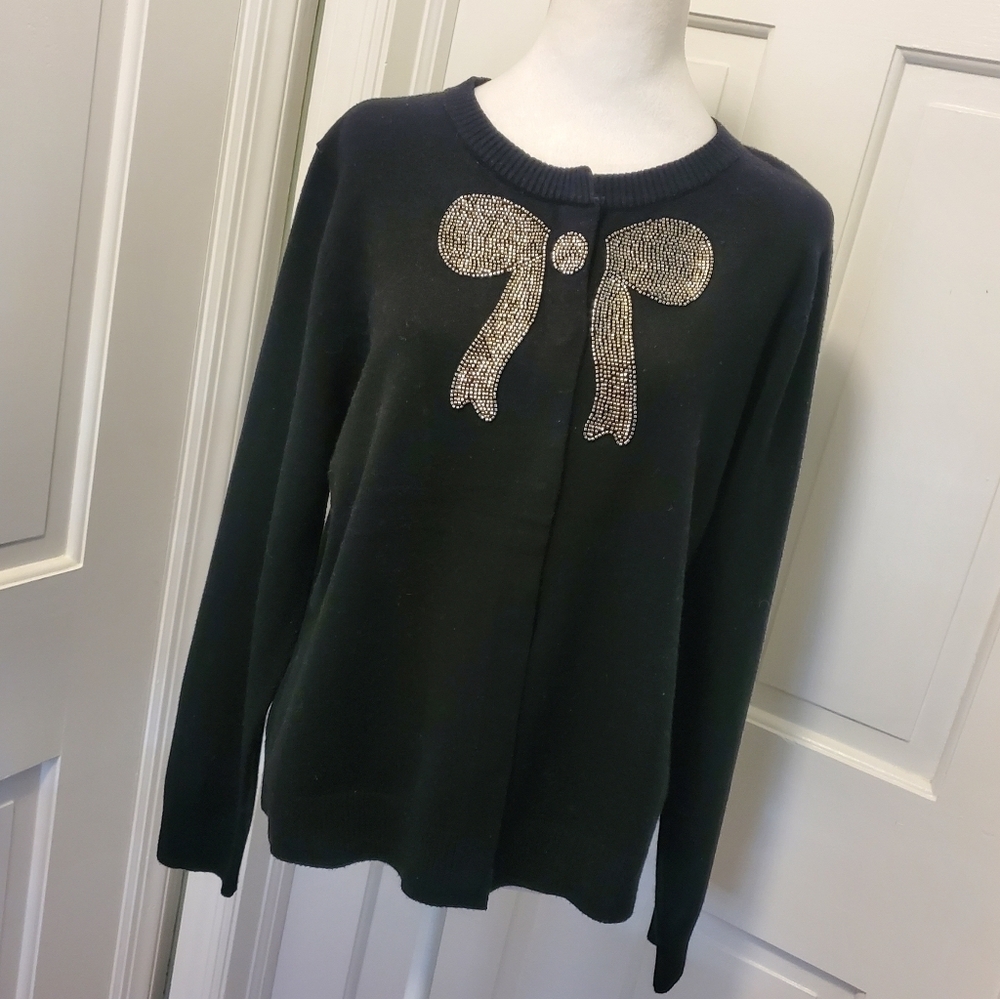NWT La Vila Milano Black Cardigan W/Silvertone Beaded Bow Accent Size Large